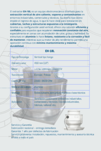 Ficha técnica del extractor vertical EH-18L con diseño tipo domo, motor de 1 HP y cuerpo de aluminio.