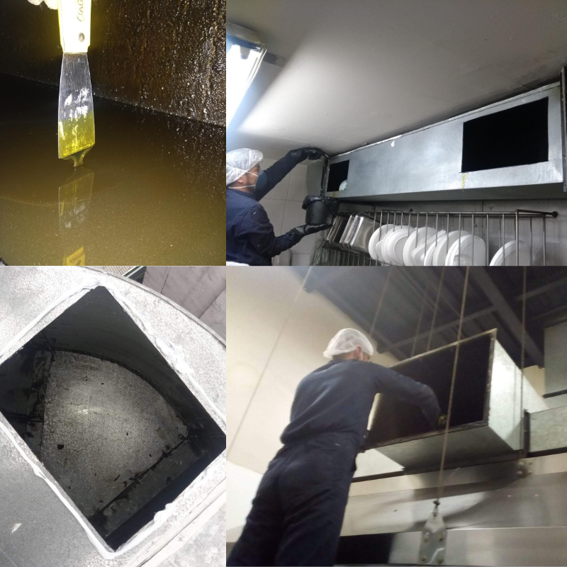 Limpieza manual profunda de ductos de extracción de grasa en cocina industrial por operarios de SMR Industriales.