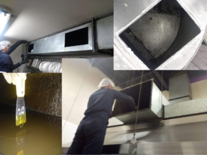 Limpieza manual profunda de ductos de extracción de grasa en cocina industrial por operarios de SMR Industriales.