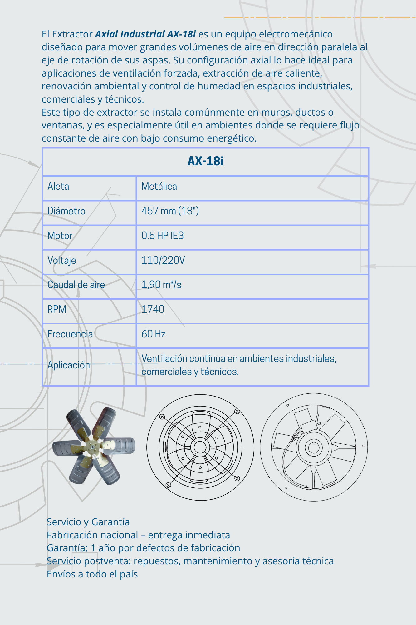 Ficha técnica del extractor axial industrial AX-18i con especificaciones, aplicaciones, motor IE3 y detalles de garantía.