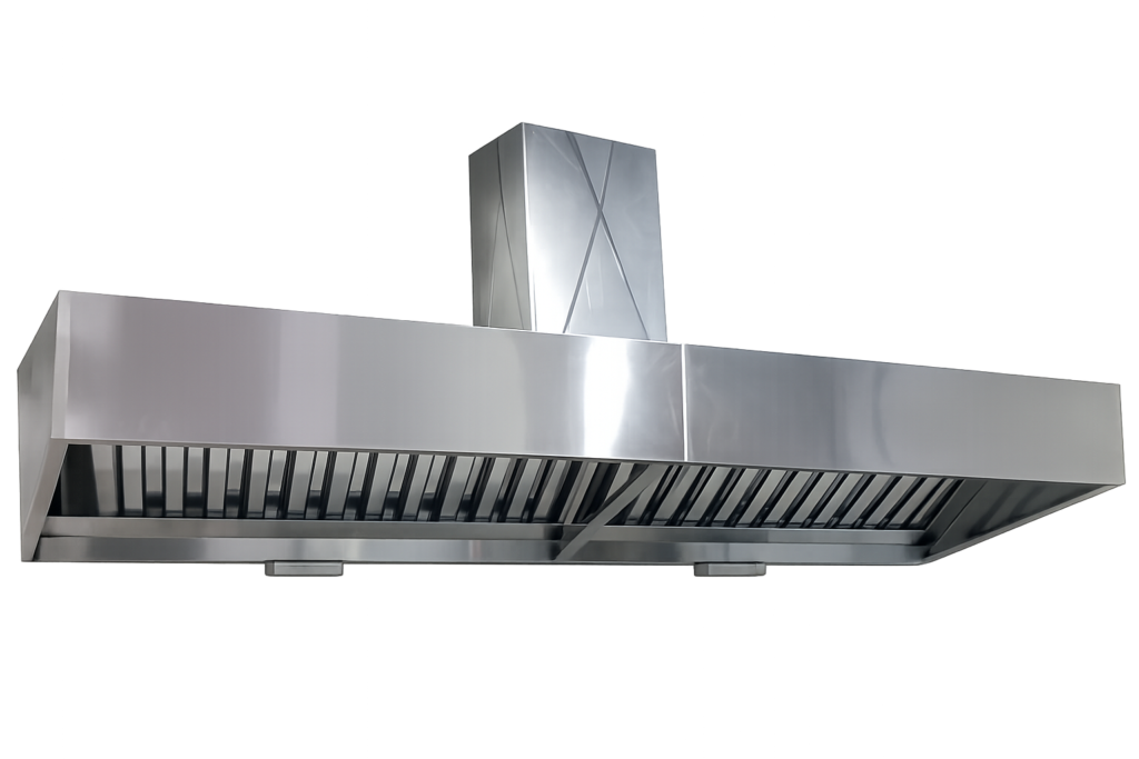 Sistema de ventilación industrial con campana extractora y ductos metálicos