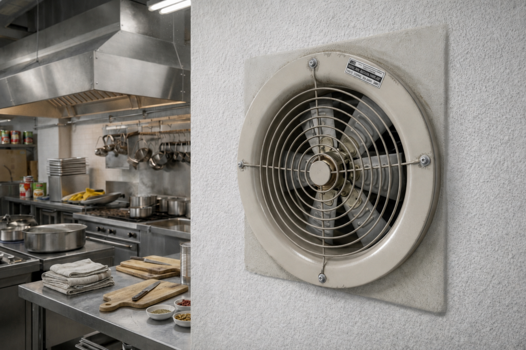 Foto real de extractor axial instalado en la pared de una cocina